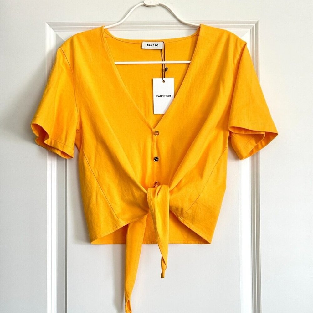 NWT SANDRO Short Sleeve Tie Front Cropped Tee in Orange Size 2